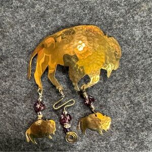 Gold Tone Buffalo Brooch with Purple Bead Accents